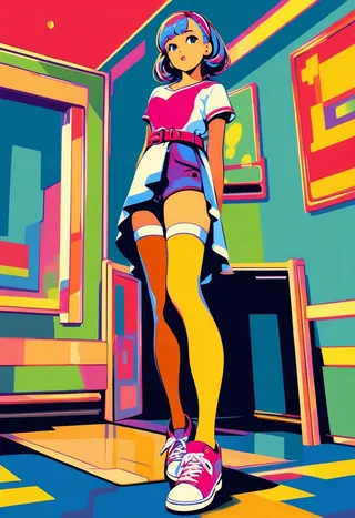Vibrant pop art style illustration of a fullbody girl wearing mismatched socks and sneakers, standing in a colorful, simple room.