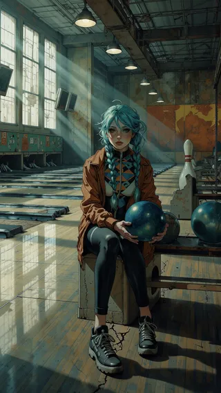 Anime-style young woman with electric blue twin braids sitting in an abandoned bowling alley, holding a bowling ball with moody, nostalgic lighting.