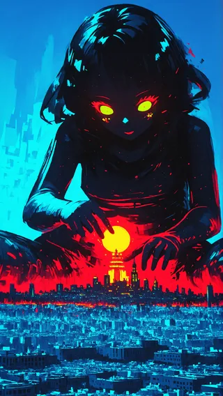 A giantess with glowing yellow eyes and dark blue hues holds a glowing sun above a city skyline at night with impressionist spot color style.