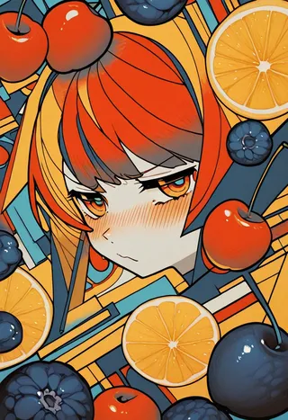 Close-up cubism-style illustration of a blushing tsundere girl surrounded by abstract patterns and fruits including cherries, lemons, and blueberries.