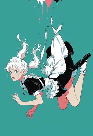 A panicking maid with white twintails and blue eyes falling midair against a plain green background, illustrated in a minimalistic style.
