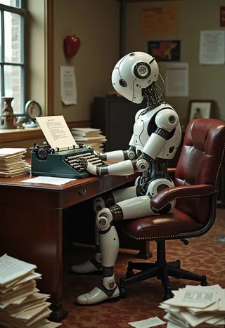 A futuristic white robot sitting on a leather office chair at an antique wooden desk, enthusiastically typing on a vintage typewriter surrounded by piles of neatly typed pages in a cozy office.