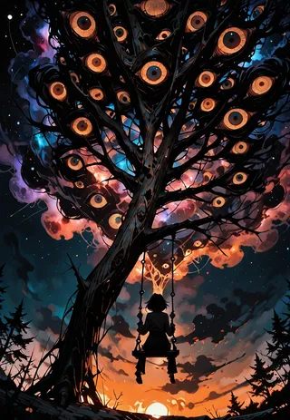 A female figure sitting on a swing hanging from a huge oak tree at the edge of a cliff, viewed from behind and below, with numerous glowing eyes embedded in the tree branches and a vibrant night sky with a nebula rift in the background.