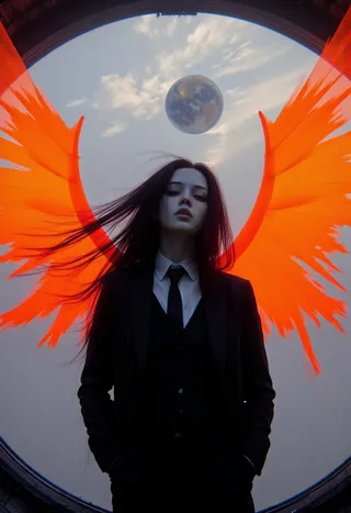A mysterious figure dressed in a black suit and tie stands with glowing orange torn wings extending behind her, framed by a circular space window showing Earth and cosmic mist.