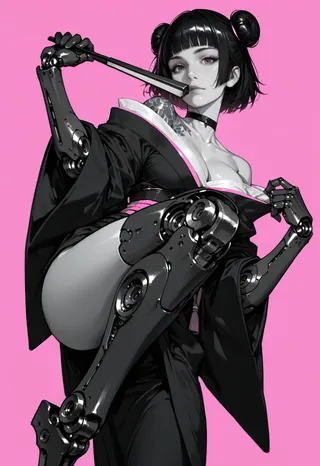 A cyborg girl with mechanical arms and prosthetic legs wearing a black kimono with pink trim, holding a folding fan, posed against a pink background.