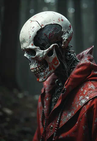 Ultra realistic highly detailed skull with blood splatters wearing a worn red jacket against a dark blurred background