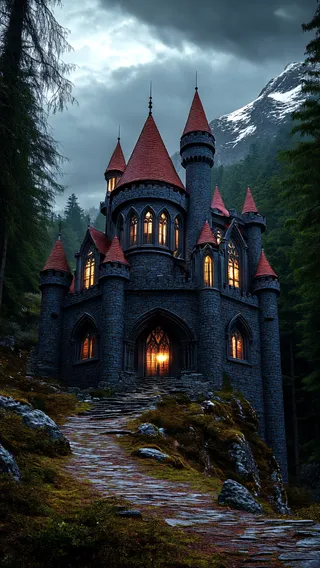 A grand gothic castle with red-tiled turrets surrounded by dense forest, stone path leading up, glowing windows, and snowy mountains in the background under a cloudy sky.