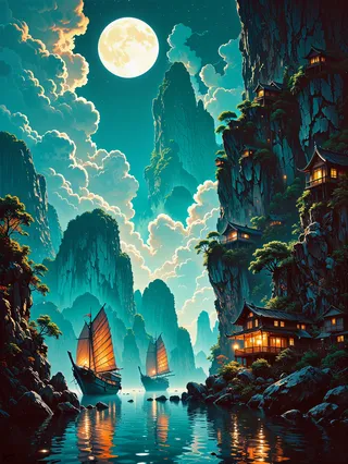 Moonlit Ha Long Bay at night with towering limestone karsts, traditional wooden junks illuminated by lanterns, and quaint houses on cliffs under a glowing full moon.