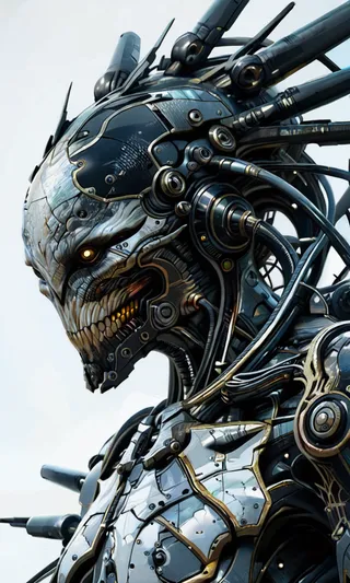Close-up of a hyper-realistic cybernetic creature with glowing blue eyes and detailed mechanical armor, showcasing intricate wires, panels, and robotic elements.