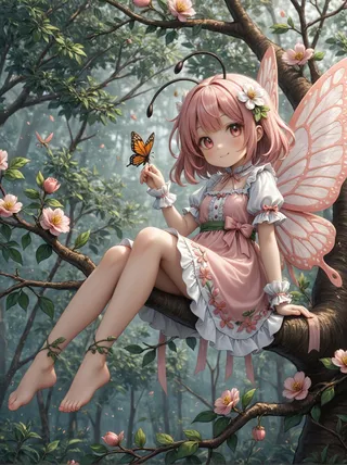 A cute fairy girl with pink hair and butterfly wings sits barefoot on a tree branch, holding an orange butterfly, surrounded by pink flowers in a green forest.