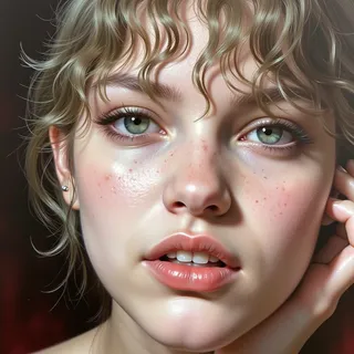 Close-up portrait of a blonde elf in dark fantasy art style with detailed skin texture, freckles, blush, and green eyes under moody lighting.