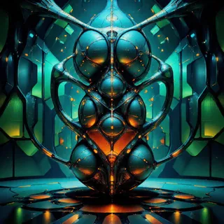 A surreal 3D geometric structure resembling interconnected spheres and tubes, glowing with saturated blue, green, orange, and iridescent black hues in a hyperrealistic alien environment.