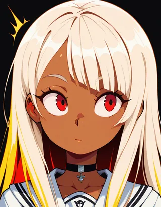Portrait of a girl with tanned skin, platinum blonde hair with long side bangs, red eyes, wearing a choker and Japanese school uniform, on a black background in vibrant cartoony style.