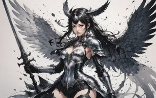 A winged Valkyrie wearing intricate armor and wielding a sword, depicted in an ink illustration style with splatter effects and rich light and shadow contrast.