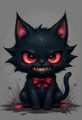 A black fluffy cat-like chibi creature with large red eyes and sharp teeth, wearing a tiny red bowtie, displaying a creepy wide smile in a horror-cute cartoon style with muted colors.