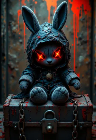 A dark gothic-style plush bunny with stitched fabric, glowing red X-shaped eyes, a tattered black hood, sitting chained atop a worn, locked chest against a blood-splattered background.