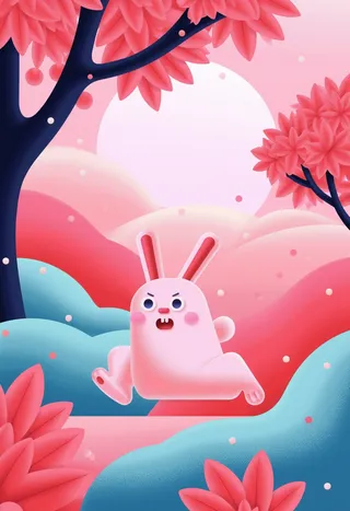 A cute pink rabbit with expressive eyes is running in a colorful flat illustration landscape featuring dark navy laurel trees with pink flowers and a large pale moon in the background.
