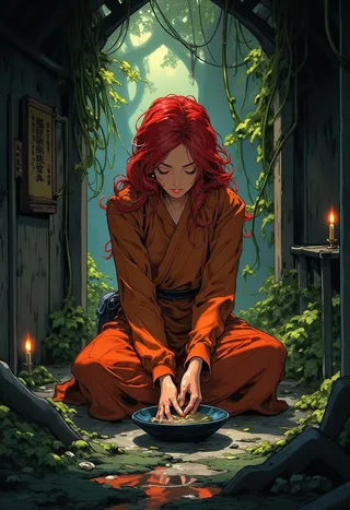 Anime-style red haired woman in monk's robe meditates cross-legged inside an overgrown shrine, her hands hovering over a bowl of water reflecting faint lights.