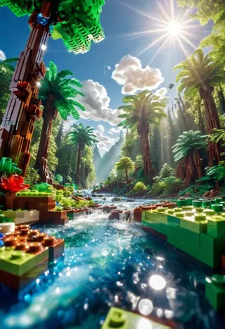 LEGO style lush exotic forest with a crystal clear river running through it, surrounded by green LEGO trees under blue skies with sun flare and fluffy clouds.