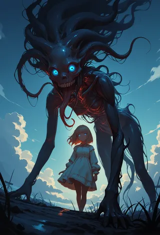 A towering eldritch abomination with glowing blue eyes and long black tendrils stands behind a small girl in a dress under a cloudy blue sky, depicted in a painterly, impressionist style.