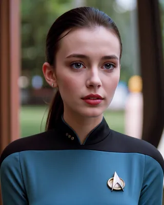 Portrait of a young woman wearing a blue Star Trek uniform with a badge, featuring soft cinematic lighting and a blurred bokeh background.
