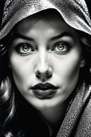 Close-up oil painting of a woman with striking green eyes, highly detailed face, and a textured hood, rendered in high contrast black and white.