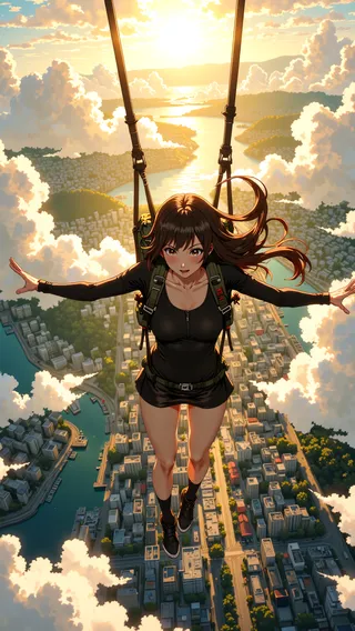 Anime-style illustration of a young woman skydiving over a detailed cityscape with a sunset and clouds in the background