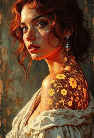 Portrait of a radiant woman with fiery red curls, golden-hazel eyes, wearing a silver earring and displaying a glowing floral tattoo on her shoulder under moody lighting.