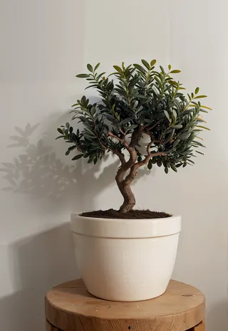 Potted olive tree with green leaves in a simple round cream colored pot on a wooden surface against a plain light background