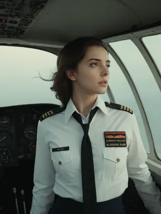Fair-skinned woman pilot in detailed aviation uniform inside an airplane cockpit, looking thoughtfully to the side, captured in Alessio Albi style.