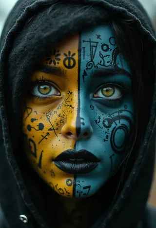 Close-up portrait of a face with half painted yellow and half painted blue, adorned with intricate black symbols and doodles, wearing a dark hood