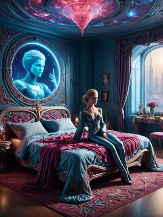 Photorealistic digital illustration of a futuristic bedroom featuring a holographic projection of a female cyborg on the wall and a woman in metallic attire sitting on an ornate bed with luxurious blue and burgundy bedding.