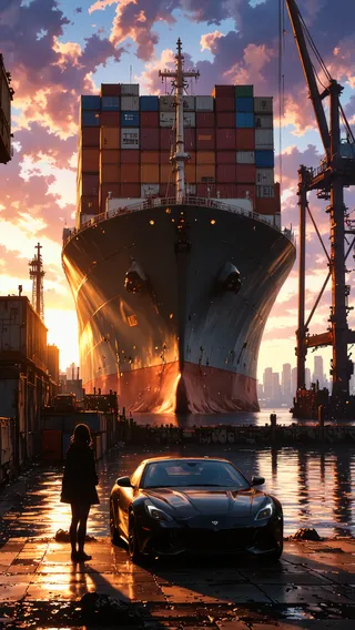 Anime-style illustration of a massive container ship docked at a harbor during sunset with colorful cargo containers, a sleek car parked in the foreground, and a silhouette of a woman watching the scene.