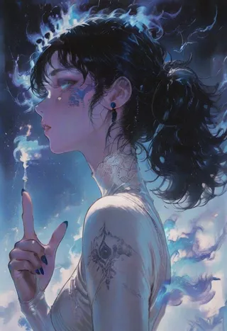 Profile of a woman with black hair in a ponytail, wearing a white dress and gloves, with blue flames and tattoos visible.