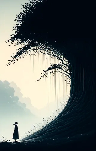 Silhouette of a solitary figure standing beside a large, bending willow tree with dramatic shadows on a misty remote hill.