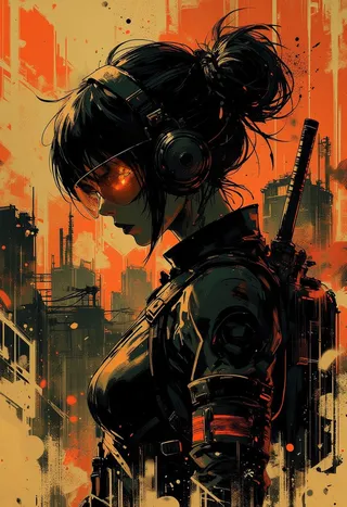 Profile portrait of a Japanese female scifi soldier wearing a helmet with mirrored visor and headphones, illustrated in ink splash style with an orange urban cityscape background.