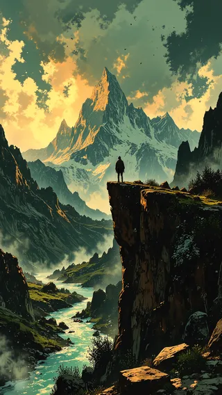 Anime-style illustration of Patagonien featuring a solitary figure standing on a cliff overlooking snow-capped mountains and a winding turquoise glacial river under dramatic sunset lighting.