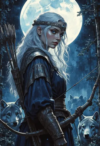 A fierce Artemis, goddess of the hunt, with platinum-white hair and a silver circlet stands poised with her bow and arrow in a glowing moonlit forest, flanked by wolves.
