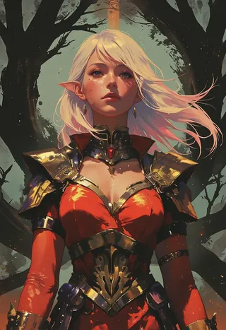 Highly detailed digital illustration of a fierce elven warrior woman with platinum blonde hair, wearing a red gown and ornate gold armor, set against a dark mystical forest background.