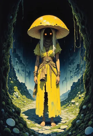Humanoid fungi female myconid with glowing red eyes and a large bright yellow chanterelle mushroom headpiece, wearing a long yellow dress, standing barefoot in a dark cave among glowing fungi and moss.