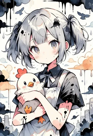 Watercolor and ink illustration of a grey-haired girl with twintails wearing an apron dress, holding a cute chicken, surrounded by dripping rain and muted clouds.