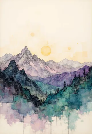 Minimalist drawing showcasing mountain silhouettes in charcoal greys, soft purples, and emerald green vegetation under a golden ambient sky with a sun, blending simplicity with intricate negative spaces.
