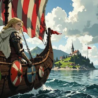 A beautiful Viking female warrior with braided blond hair and chainmail armor on a longship with red and white striped sail, facing an island village under a bright sky.