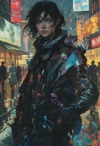 Oil painting of a cyberpunk mercenary woman with intense eyes, dark asymmetrical hair, wearing a reinforced leather jacket and standing in a rain-soaked neon-lit cityscape.