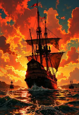 Silhouetted pirate galleon sailing at sunset with vibrant orange and red clouds, reflecting on ocean waves in a chiaroscuro ink sketch style.