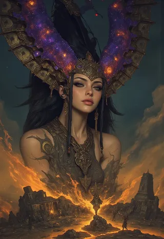 Noctessa, the goddess of twilight, is depicted with celestial horns shimmering with stars, surrounded by crumbling ancient ruins and swirling golden dust in a dark, mystical atmosphere.