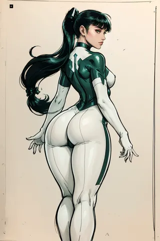 Stylized illustration of a sci-fi girl with a long ponytail wearing a skin-tight emerald and white bodysuit, featuring thick outlines and flat colors in a comic style.