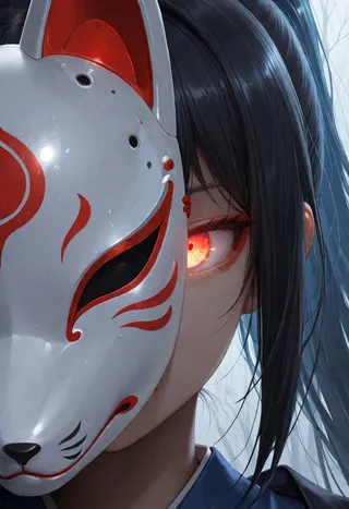 Close-up portrait of a girl wearing a traditional white fox mask with red markings, one glowing eye visible, long dark hair tied in a ponytail, set against a dark and misty background.