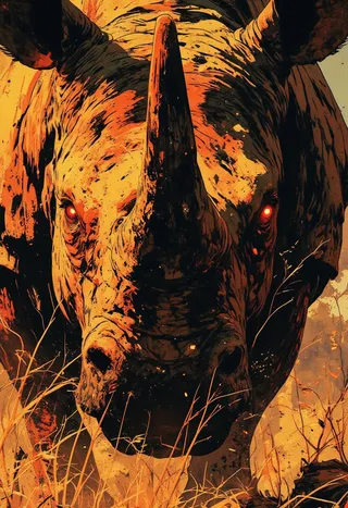 Extreme close-up of a massive rhinoceros with glowing crimson-red eyes, thick battle-worn hide, a large cracked horn, and tall dry grass partially obscuring its face.