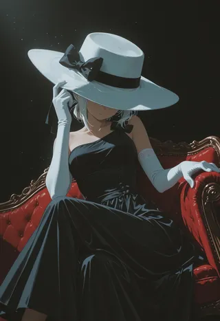 A mysterious woman with white hair in a wide brim white hat with black ribbon, wearing a black elegant dress and white gloves, sitting gracefully on a red victorian couch against a dark background with cinematic lighting.
